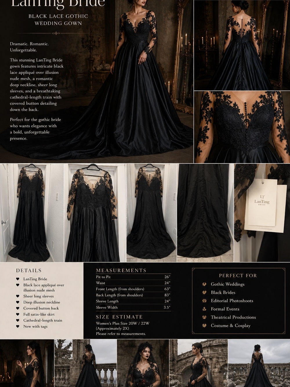 LT LanTing Bride Black Gothic Wedding Gown NWT Size 20W